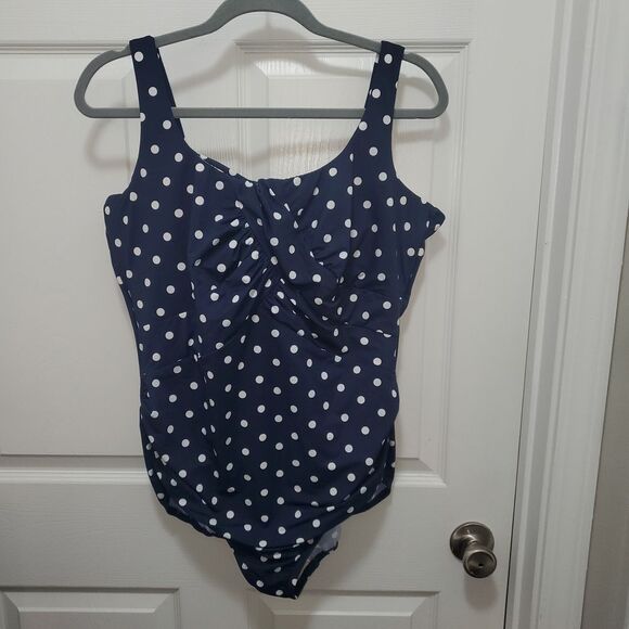 Lands' End CARMELA SLINDERSUIT TUMMY CONTROL Navy Polka Dot One Piece Swimsuit - Picture 1 of 6
